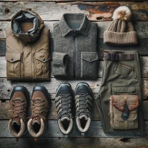 DALLE-2023-10-27-10.25.35---Photo-displaying-mens-wilderness-attire-arranged-in-a-flat-lay-fashion-on-a-weathered-wooden-surface.-The-collection-includes-a-rugged-jacket-trekki