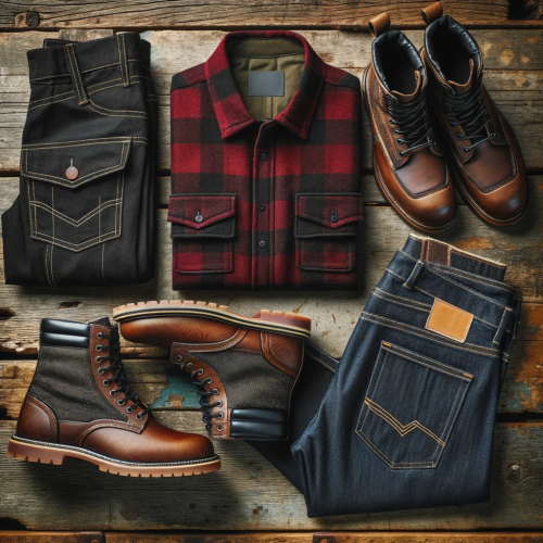 DALLE-2023-10-27-10.33.16---Top-down-view-of-a-flat-lay-on-an-old-wooden-surface-featuring-mens-outdoor-clothing.-The-collection-comprises-a-red-and-black-plaid-shirt-leather-l.png