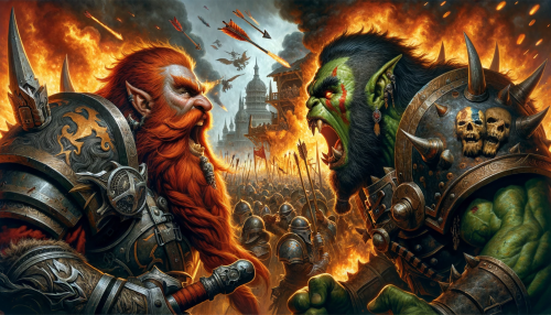 DALL·E 2023 10 28 09.18.39 Wide illustration of a dwarf commander, male with a flaming red beard, en
