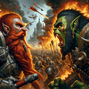 DALLE-2023-10-28-09.18.39---Wide-illustration-of-a-dwarf-commander-male-with-a-flaming-red-beard-encased-in-intricate-war-armor-bellowing-with-passion-and-fervor.-Opposing-him