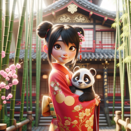 Pixar-like scene showcasing a young Asian girl with black hair tied in twin buns, wearing a bright red kimono with golden floral patterns. She is gently holding a cute panda cub in her arms. They are standing in front of traditional Japanese-style buildings with intricate woodwork and sloping roofs. The area is surrounded by lush green bamboo stalks, with a few pink cherry blossoms gently falling around them. The atmosphere is serene, with soft sunlight filtering through the bamboo, giving the scene a warm, inviting glow.