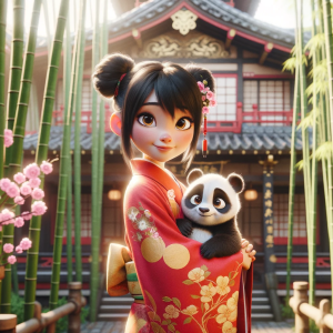 DALLE-2023-11-05-11.27.22---Pixar-like-scene-showcasing-a-young-Asian-girl-with-black-hair-tied-in-twin-buns-wearing-a-bright-red-kimono-with-golden-floral-patterns.-She-is-gent