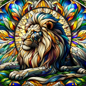 DALLE-2023-11-05-15.55.13---Craft-an-image-of-a-lion-designed-in-the-style-of-an-ornate-realistic-stained-glass-window-but-with-a-unique-and-different-design-from-previous-imag