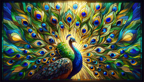 Compose an image of a magnificent peacock displayed in the artistic form of a wide stained glass window. The peacock should be captured in a dramatic pose, with its tail feathers spread out wide and adorned with a complex pattern of stained glass. Each of the eye-catching feathers should be represented by individual pieces of glass in iridescent shades of blue, green, and gold, designed to sparkle with an inner light. The background should enhance the peacock's grandeur, with a subtle design that allows the bird's colors to remain the focal point. The light should be depicted as streaming through the glass, emphasizing the peacock's natural splendor, in a 16:9 aspect ratio to give a panoramic view.