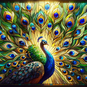DALLE-2023-11-05-15.57.01---Compose-an-image-of-a-magnificent-peacock-displayed-in-the-artistic-form-of-a-wide-stained-glass-window.-The-peacock-should-be-captured-in-a-dramatic