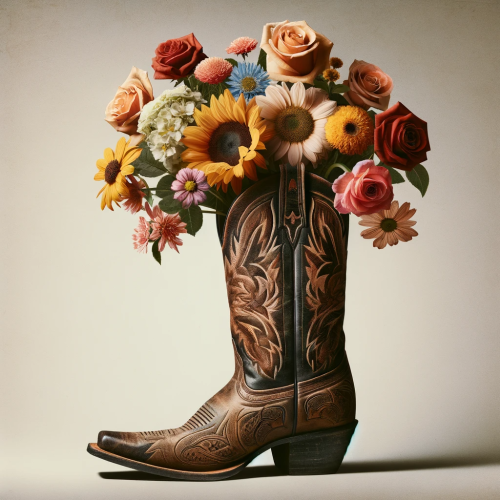 DALLE-2023-11-05-17.26.57---A-creative-image-of-a-classic-cowboy-boot-repurposed-as-a-vase-filled-with-an-assortment-of-beautiful-flowers.-The-boot-should-have-intricate-designs.png