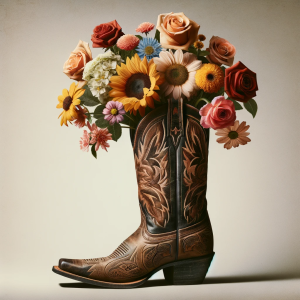 DALLE-2023-11-05-17.26.57---A-creative-image-of-a-classic-cowboy-boot-repurposed-as-a-vase-filled-with-an-assortment-of-beautiful-flowers.-The-boot-should-have-intricate-designs