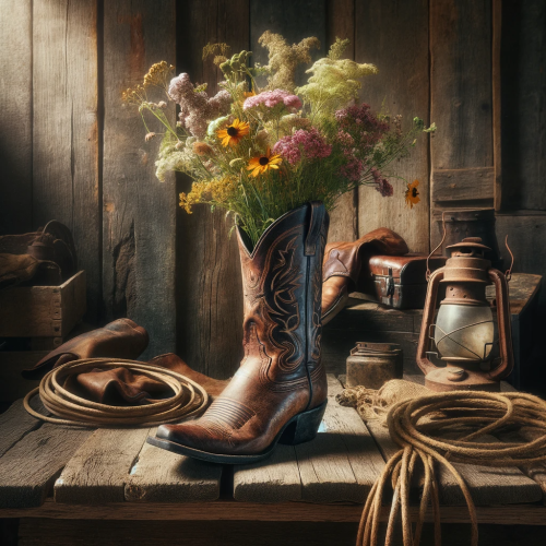 DALLE-2023-11-05-17.28.23---An-image-showcasing-a-classic-cowboy-boot-serving-as-a-vase-filled-with-wildflowers-placed-in-a-rustic-Western-setting.-The-boot-should-be-weathered.png