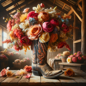 DALLE-2023-11-05-17.29.11---An-image-of-a-weathered-cowboy-boot-used-as-a-vase-set-in-a-rustic-Western-barn-setting.-The-boot-is-filled-with-a-stunning-arrangement-of-vibrant