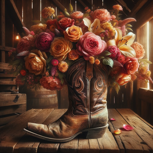 An image of a weathered cowboy boot used as a vase, set in a rustic, Western barn setting. The boot is filled with a stunning arrangement of vibrant, beautiful flowers, including roses, peonies, and lilies, with an emphasis on rich colors and intricate petal details. They spill out over the top of the boot in an explosion of color and life. The background features aged wooden beams and a vintage table, with soft, warm lighting that enhances the natural beauty of the flowers and gives the scene a cozy, inviting atmosphere.