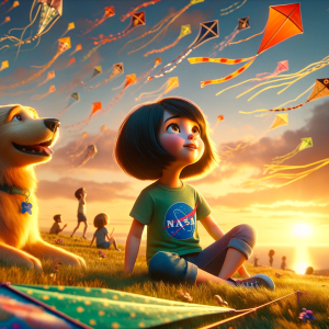 DALLE-2023-11-06-18.05.49---A-whimsical-Pixar-like-scene_-A-young-girl-with-a-bob-haircut-wearing-a-space-themed-t-shirt-and-jeans-is-sitting-atop-a-grassy-hill-with-her-golden