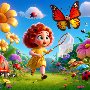 DALLE-2023-11-06-18.06.09---A-whimsical-Pixar-like-scene-featuring-a-young-girl-with-Caucasian-descent-and-red-curly-hair-wearing-a-bright-yellow-dress.-Shes-in-a-lush-green-ga
