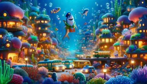 DALL·E 2023 11 06 18.06.34 A Pixar like whimsical scene depicting a bustling undersea city with cora