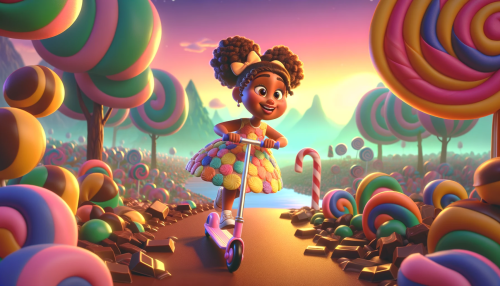 DALL·E 2023 11 06 18.06.38 A Pixar like animated scene set in a whimsical candy land. A young girl w