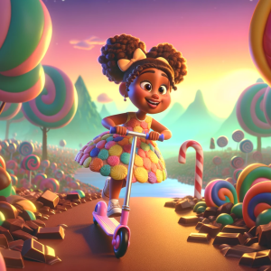 DALLE-2023-11-06-18.06.38---A-Pixar-like-animated-scene-set-in-a-whimsical-candy-land.-A-young-girl-with-caramel-skin-and-curly-brown-hair-wearing-a-vibrant-dress-made-of-candy