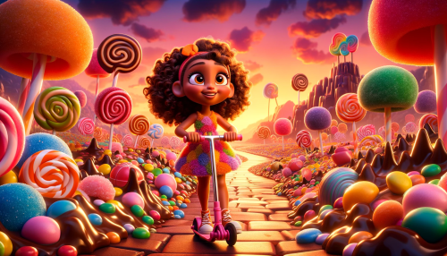 DALL·E 2023 11 06 18.06.44 A Pixar like animated scene set in a whimsical candy land. A young girl w