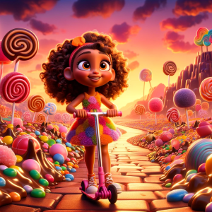 DALLE-2023-11-06-18.06.44---A-Pixar-like-animated-scene-set-in-a-whimsical-candy-land.-A-young-girl-with-caramel-skin-and-curly-brown-hair-wearing-a-vibrant-dress-made-of-candy