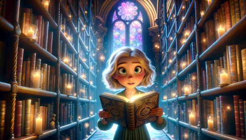 DALLE-2023-11-06-18.06.57---A-whimsical-Pixar-like-scene-where-a-young-girl-with-fair-skin-is-discovering-an-ancient-mystical-library.-The-shelves-are-tall-and-filled-with-glowi.png
