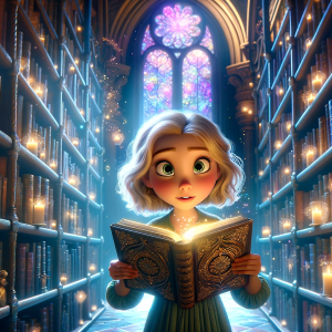 DALLE-2023-11-06-18.06.57---A-whimsical-Pixar-like-scene-where-a-young-girl-with-fair-skin-is-discovering-an-ancient-mystical-library.-The-shelves-are-tall-and-filled-with-glowi
