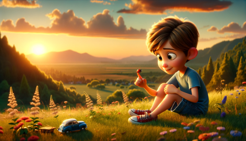 DALLE-2023-11-06-18.07.19---A-heartwarming-Pixar-like-scene-featuring-a-young-Caucasian-boy-with-light-brown-hair-around-8-years-old-sitting-on-a-lush-green-hill-during-sunset.png