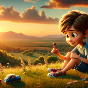 DALLE-2023-11-06-18.07.19---A-heartwarming-Pixar-like-scene-featuring-a-young-Caucasian-boy-with-light-brown-hair-around-8-years-old-sitting-on-a-lush-green-hill-during-sunset