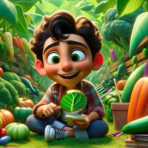 DALLE-2023-11-06-18.07.50---A-Pixar-like-digital-illustration-featuring-a-young-boy-with-olive-skin-dark-curly-hair-and-a-bright-smile.-Hes-sitting-in-a-lush-vibrant-garden-f