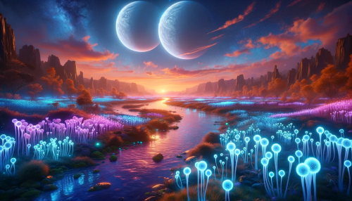 Imagine a stunning landscape on an alien planet with two moons visible in the sky, casting a dual shadow over a field of bioluminescent plants. The plants emit a soft blue and purple glow, contrasting with the orange and pink hues of the sky at sunset. In the foreground, a crystal-clear river winds through the scene, reflecting the vibrant colors of the environment. A variety of fantastical wildlife, resembling a cross between earth's insects and reptiles, can be seen drinking from the river and roaming the fields.