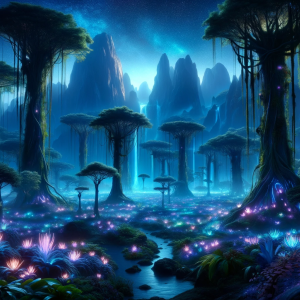 DALLE-2023-11-07-09.23.42---Visualize-an-otherworldly-landscape-devoid-of-creatures-reminiscent-of-the-movie-Avatar.-Picture-towering-trees-with-trunks-and-branches-that-glow