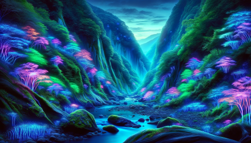 Visualize a scene inspired by the Iya Valley on Shikoku Island, Japan, but with a bioluminescent twist akin to the movie 'Avatar'. Picture the valley's steep slopes and deep gorges, with the rocky outcrops and cliffs radiating with otherworldly hues of blue and green. The lush vegetation is aglow with a kaleidoscope of bioluminescent colors, with trees, vines, and moss illuminated in vivid purples, pinks, and turquoise. A gently flowing river at the valley's floor mirrors the fantastical light from the flora above, creating a harmonious and enchanting landscape that fuses Japan's natural beauty with the mystical qualities of an alien world.