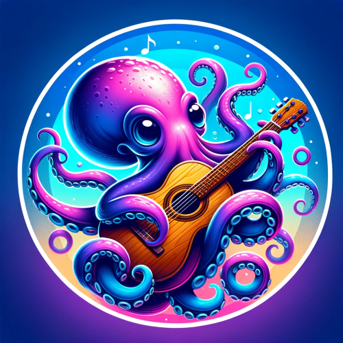 DALL·E 2023 11 18 07.38.11 A whimsical octopus playing a guitar, centered in a circle with a gradien