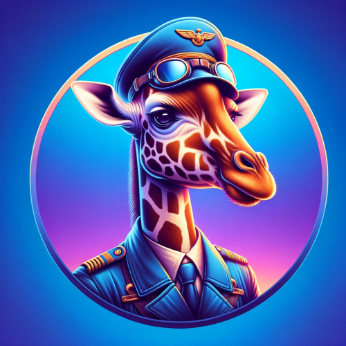 DALL·E 2023 11 18 07.38.09 A comical giraffe in a pilot's uniform, complete with a cap and goggles, 