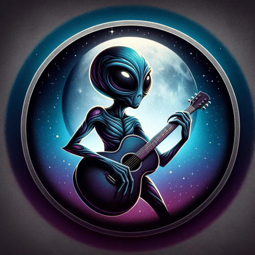 DALL·E 2023 11 19 19.04.26 A creative and whimsical depiction of an alien playing a guitar, set agai
