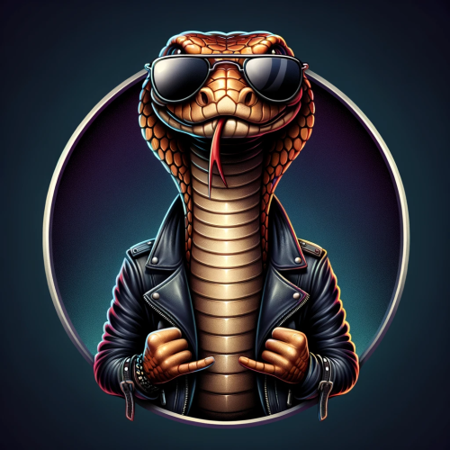 DALL·E 2023 11 18 09.10.10 A comical snake dressed as a rock star, featuring a leather jacket and su