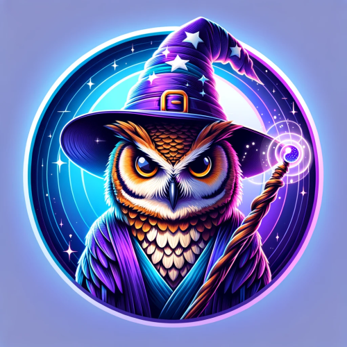 DALL·E 2023 11 18 07.38.27 A whimsical owl dressed as a wizard, complete with a wizard's hat and a m