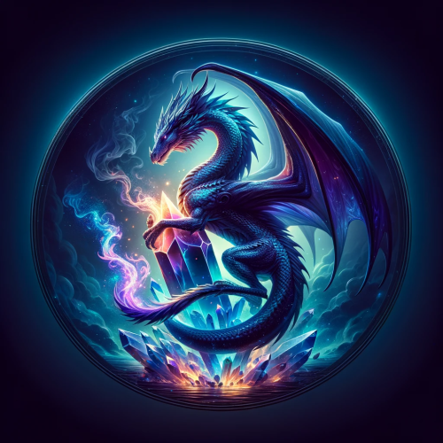DALL·E 2023 11 18 09.09.30 A mystical dragon perched on a crystal, surrounded by ethereal flames, ce