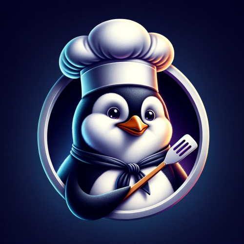 DALL·E 2023 11 18 09.09.03 A humorous penguin dressed as a chef, complete with a chef's hat and hold