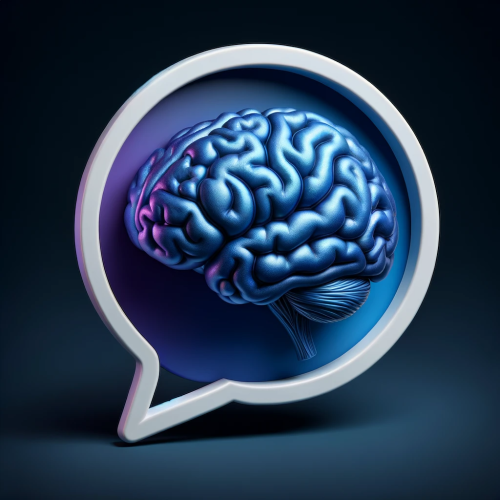 DALL·E 2023 11 19 09.35.59 A realistic 3D depiction of a human brain, set within a chat bubble shape