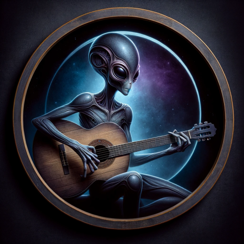 DALL·E 2023 11 19 19.04.35 A creative and mysterious depiction of an alien playing a guitar, set aga