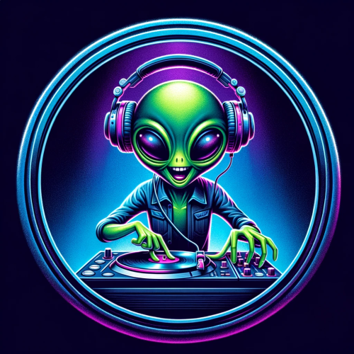 DALL·E 2023 11 19 19.04.57 A quirky and humorous depiction of an alien DJ playing music, set within 