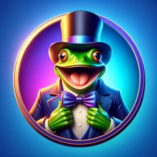 DALL·E 2023 11 18 07.38.05 A humorous frog in a top hat and bow tie, centered in a circle with a gra