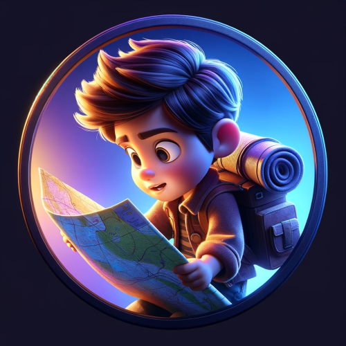 DALL·E 2023 11 22 09.54.44 A Pixar style young boy with a map, featured inside a circle. The boy is 