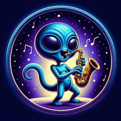DALL·E 2023 11 19 19.05.05 A whimsical and vibrant depiction of an alien playing a saxophone, set wi