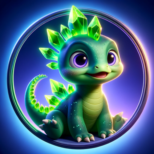 DALL·E 2023 11 22 09.56.55 A Pixar style adorable baby dinosaur with vibrant green crystal spikes, p