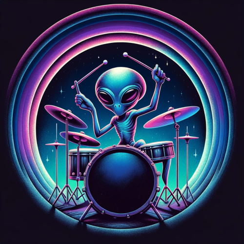 DALL·E 2023 11 19 19.06.34 A whimsical and imaginative depiction of an alien playing a drum set, set