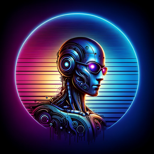 Creative depiction of a humanoid robot within a circular shape, with a gradient background transitioning from blue to purple. This rendition features a robot with a more futuristic and complex design, with visible intricate circuits and glowing elements. The sunglasses are more stylized, adding a touch of mystery and sophistication. The robot's pose is dynamic and expressive, showcasing its advanced mechanics and design. The vivid gradient background enhances the robot's futuristic appearance and creates a striking visual contrast.