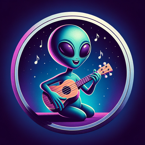 DALL·E 2023 11 19 19.06.57 A creative and amusing depiction of an alien playing a ukulele, set withi