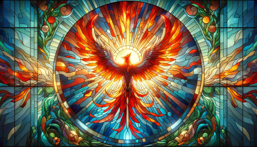Conceive a breathtaking stained glass window design that embodies the theme of rebirth and renewal. The window should feature a central phoenix symbol, resplendent in hues of fiery red and orange, with its wings outstretched in a powerful gesture of rising. The background should be a tapestry of blues and greens, representing the sky and earth, with the suggestion of a sunburst pattern behind the phoenix, indicating a new dawn. The light should be shown pouring through the glass, with particular attention to the way it illuminates the vibrant colors and casts a warm, hopeful glow. The design should be detailed and balanced, a feast for the eyes in a wide 16:9 aspect ratio that underscores the magnificence of the scene.
