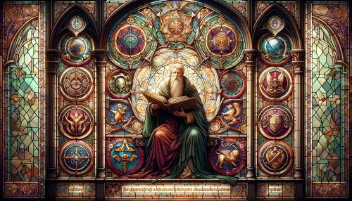 Design an ornate stained glass window that would be found in a medieval castle's library. The central image is that of a wise old sage in flowing robes, holding a grand tome, symbolizing knowledge and learning. Around him are various heraldic symbols and creatures that represent different fields of medieval scholarship, such as alchemy, astronomy, and philosophy. The background features an intricate lattice of interlocking geometric patterns and Gothic arches, with a color scheme of rich burgundies, deep forest greens, and muted golds. The sunlight streams through the glass, casting an ambient glow that seems to animate the figures and symbols. The window is crafted in a wide 16:9 aspect ratio to display the splendor and wisdom of the medieval era.
