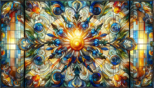 Create an image of an original and beautiful ornate stained glass window design. The window should feature a symphony of abstract patterns and floral motifs, interlacing in an intricate, mesmerizing composition. The color palette should be rich and vibrant, with deep blues, radiant yellows, lush greens, and fiery reds. The design must have a focal point that captures the viewer's attention, perhaps a stylized sun or flower, from which the patterns emanate. The sunlight should be depicted as shining through the glass, casting a warm, radiant glow that brings the colors to life and illuminates the details within the glass. The overall composition should be harmonious and balanced, fitting for a grand architectural setting, with a wide 16:9 aspect ratio to enhance the window's grandeur.