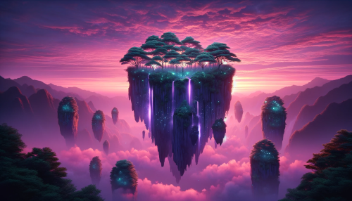 Create a captivating vista of floating Japanese rock cliffs with lush trees atop, under a sky awash with pink hues from a beautiful sunset. The cliffs are suspended in an ethereal space, with waterfalls cascading down their sides, glowing with soft bioluminescent colors. The pink sky deepens to shades of purple and a hint of orange at the horizon, while the setting sun bathes the entire scene in a diffuse, rosy light. This magical moment captures the peace and majesty of an otherworldly landscape in twilight.
